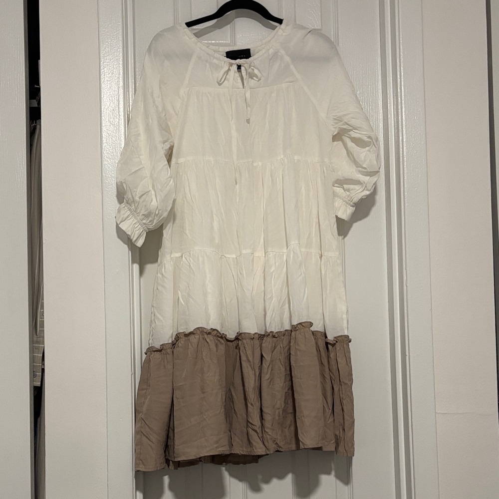 Tiered Midi Dress in Cream and Taupe with Tie Neck